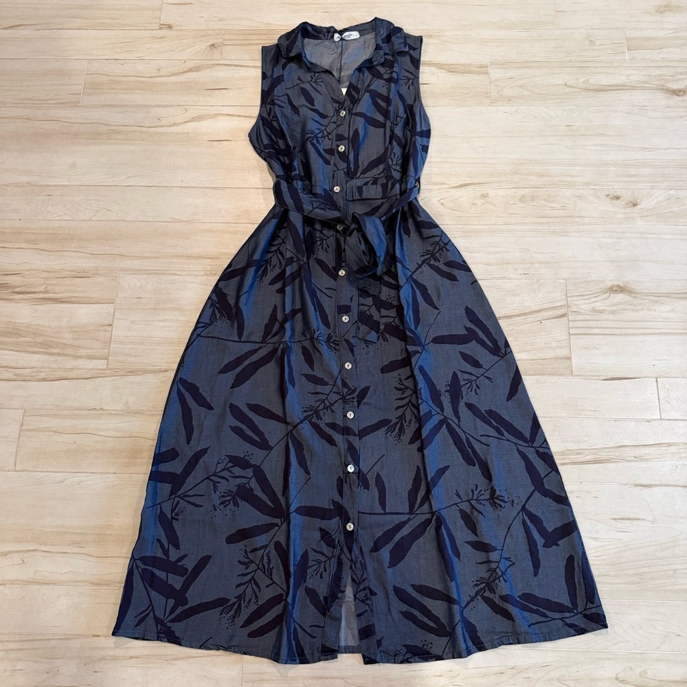 Made in Italy Blue Leaf Print Sleeveless Midi Dress Super Soft Viscose Size M - Picture 2 of 10